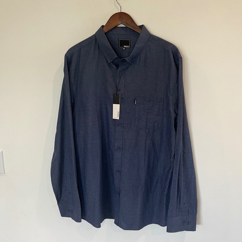 WEIV Mens 3XL Navy Blue Long Sleeve Button Down Shirt NWT Pocket Casual